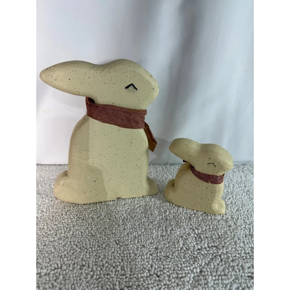 VTG Speckled Cream Bunny Figurine Set Easter‎ Spring Decor Raffia Bows 2pc